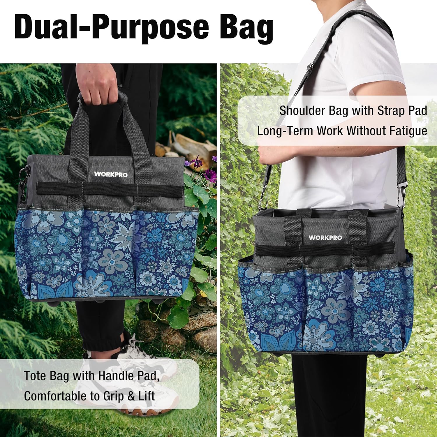 Floral blue and gray gardening tote with handle pad and long adjustable shoulder strap.