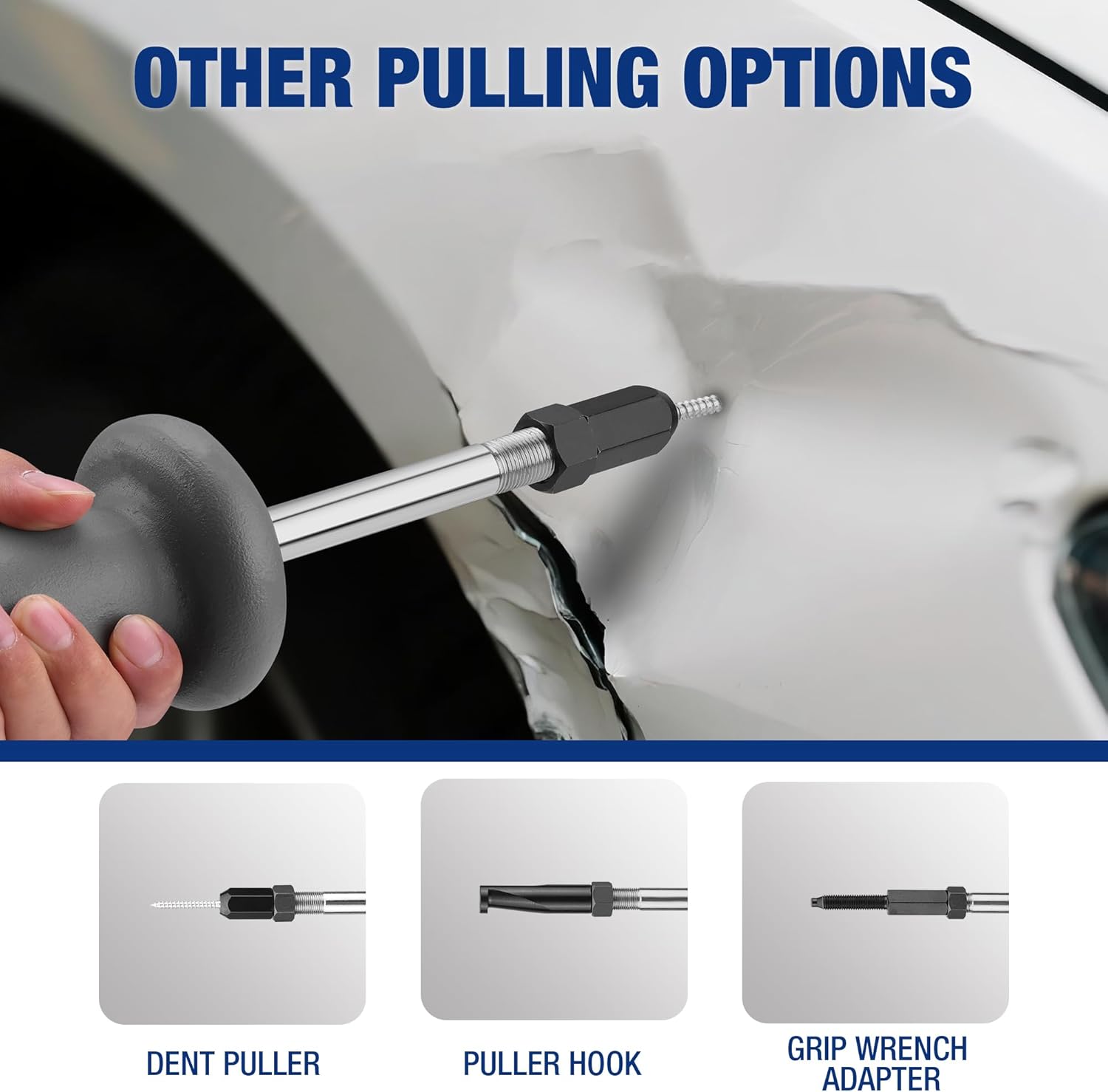 Slide hammer puller accessories for dent pulling, hook, and grip wrench adapter