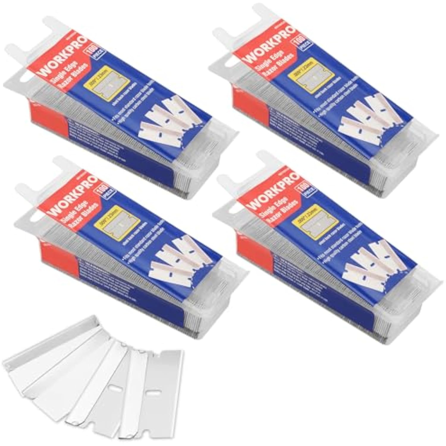 Four sealed packs of single-edge razor blades with loose blade strips, ready for use.