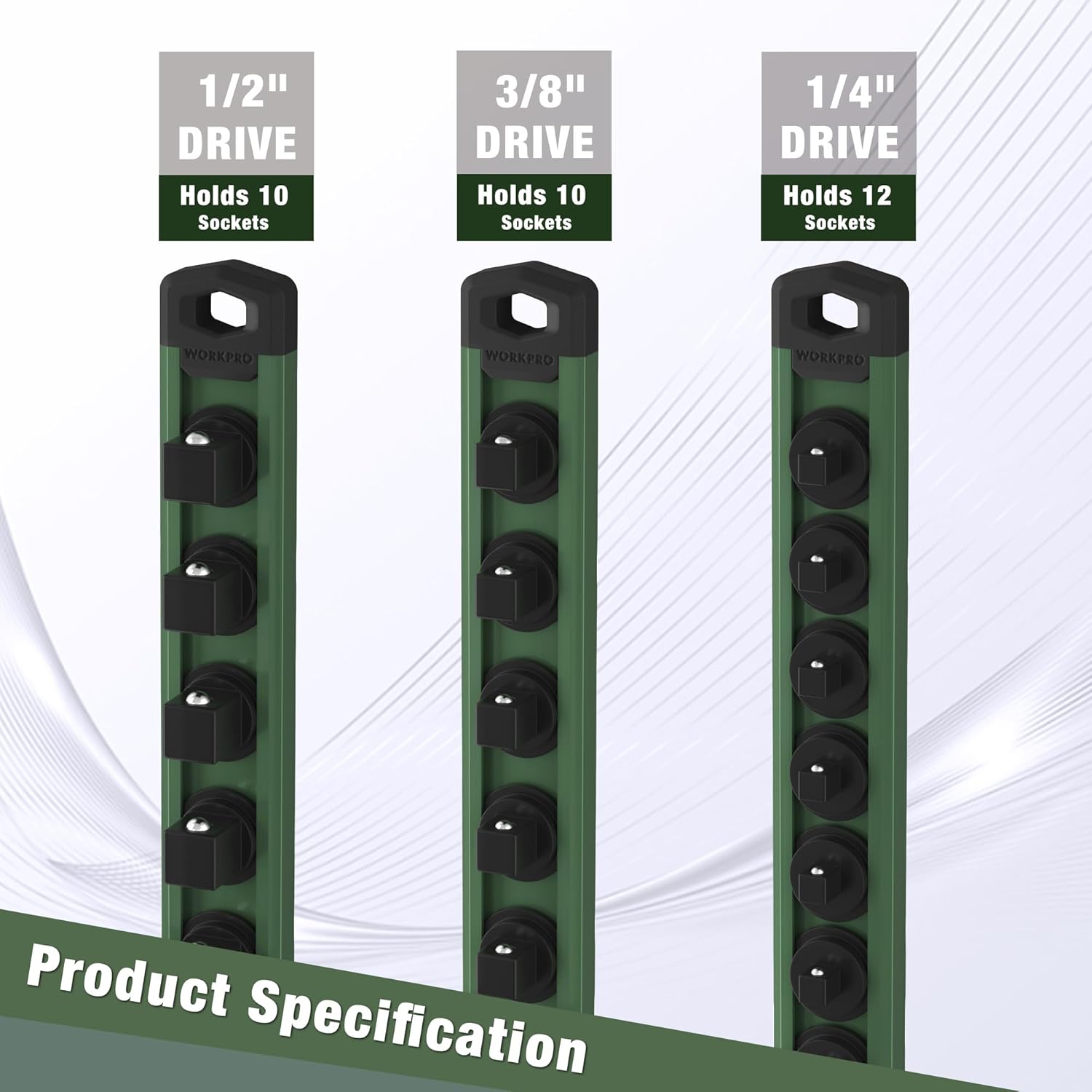 Green magnetic socket organizer clips kit for 1/2 in, 3/8 in, and 1/4 in drive sockets
