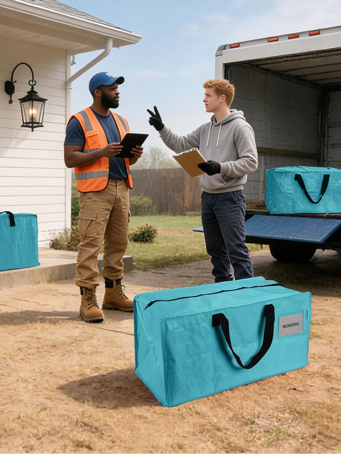Blue extra-large moving storage tote with zip closure and carry handles