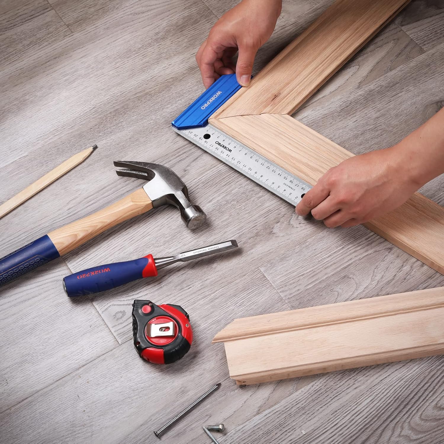 Try square measuring a wooden board with blue handle and silver metal blade
