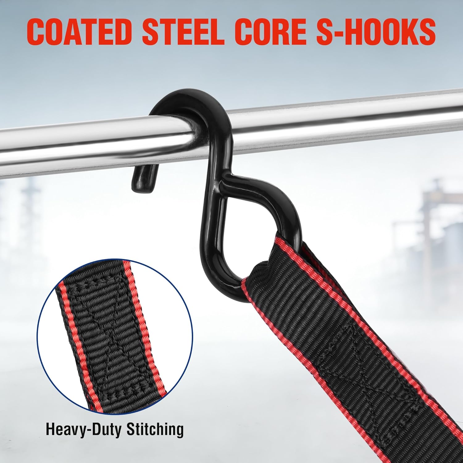 Black S-hook with red-and-black stitched webbing on a ratchet tie-down strap