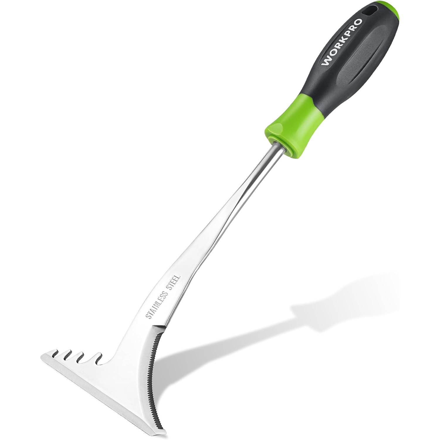 Stainless steel L-blade crack weeder with green-and-black handle for crevice weeding
