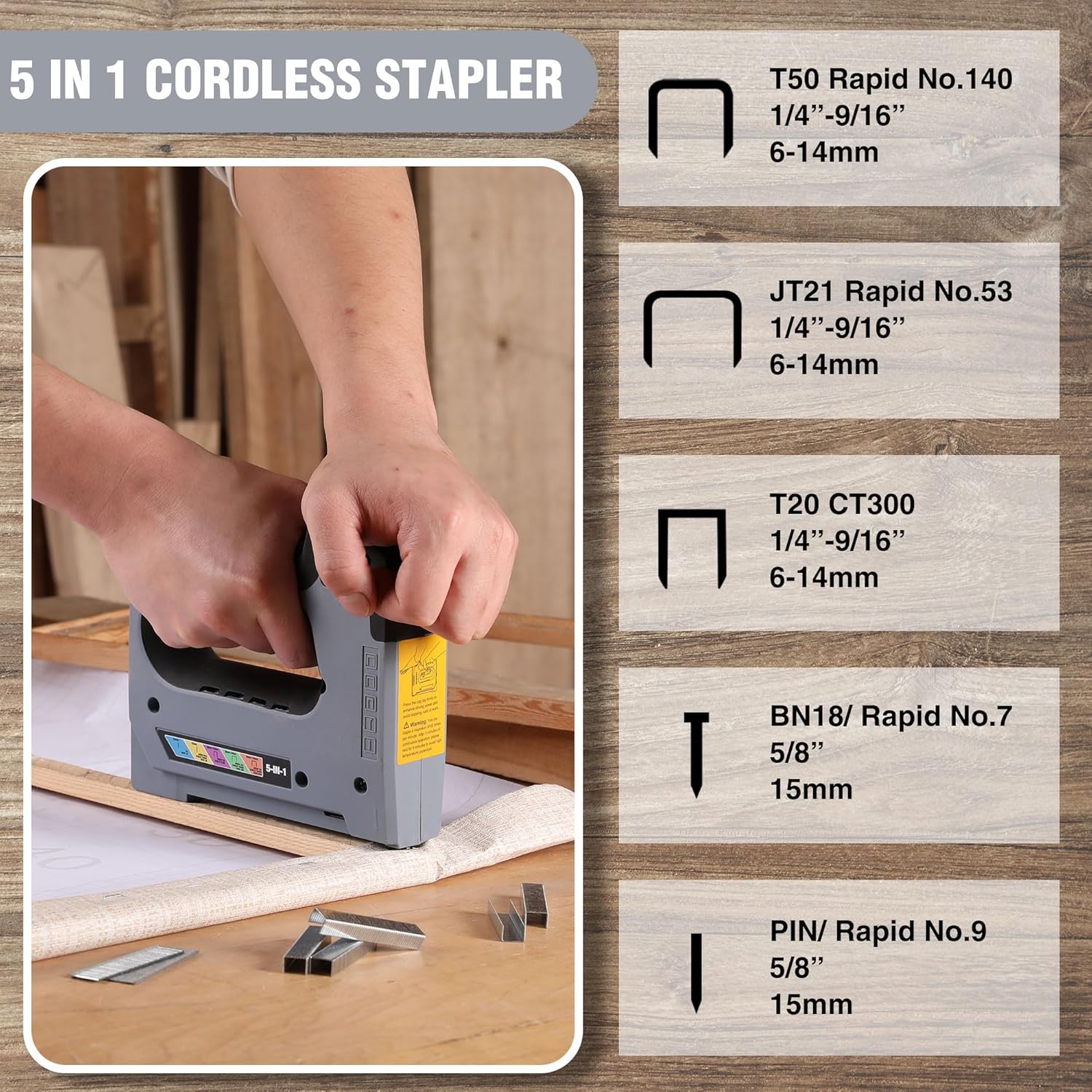Cordless 5-in-1 stapler loading magazine window; includes staple and nail sizes chart