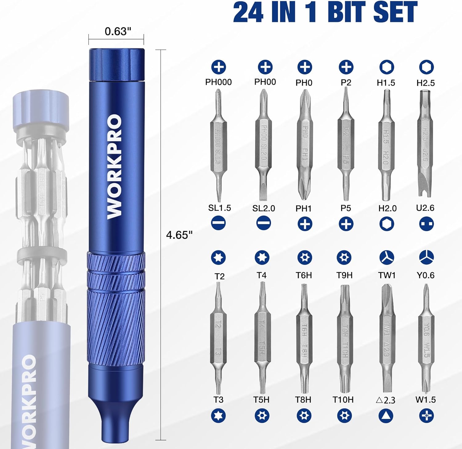 Blue WORKPRO 24-in-1 bit set screwdriver with assorted bit tips