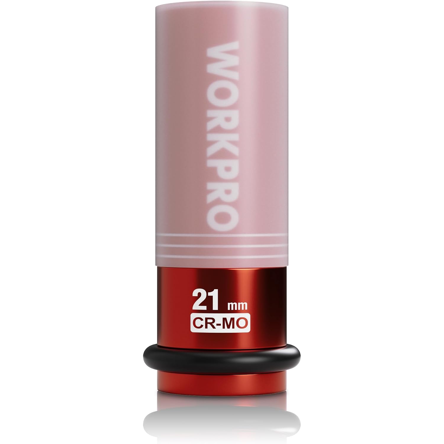 Red and white 21 mm CR-Mo lug nut impact socket, 6-point drive, 1/2 in drive