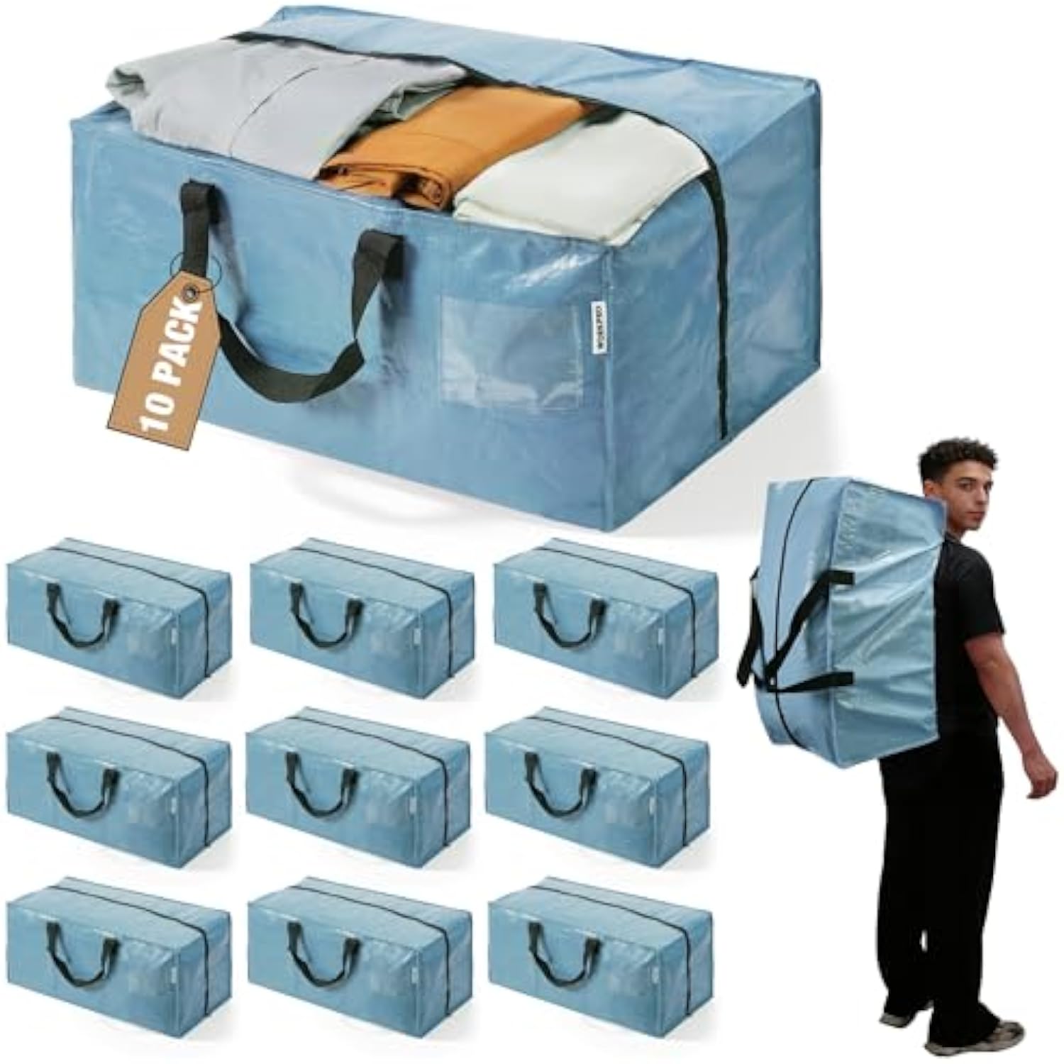 Set of dusty blue extra-large moving bags with black U-shaped handles and zipper top
