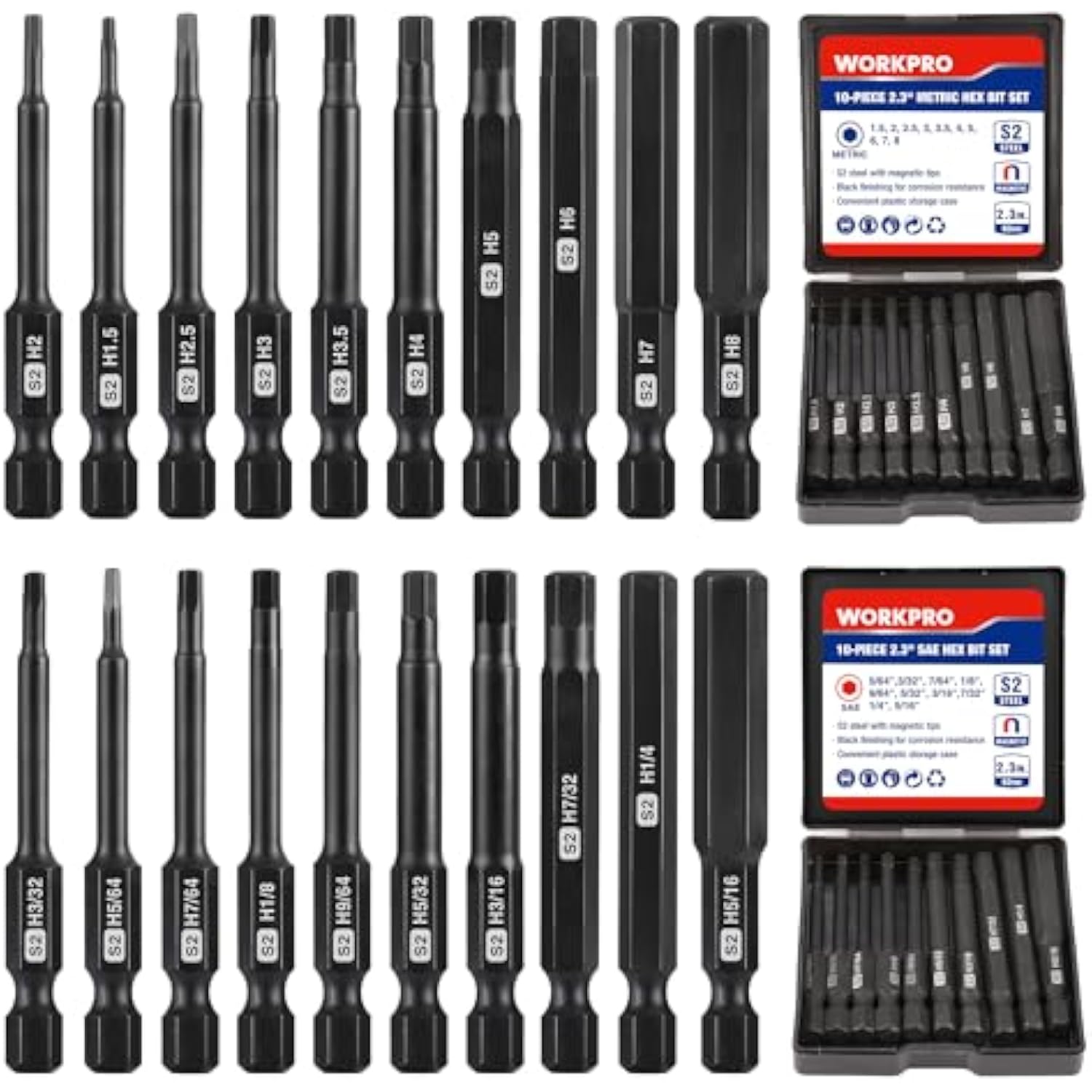WORKPRO 20pcs Hex Head Allen Wrench Drill Bit Set, CNC Machined S2 Steel Magnetic Metric and SAE Hex Bits, 1/4 Inch Square Shank Driver Bits, 2.3