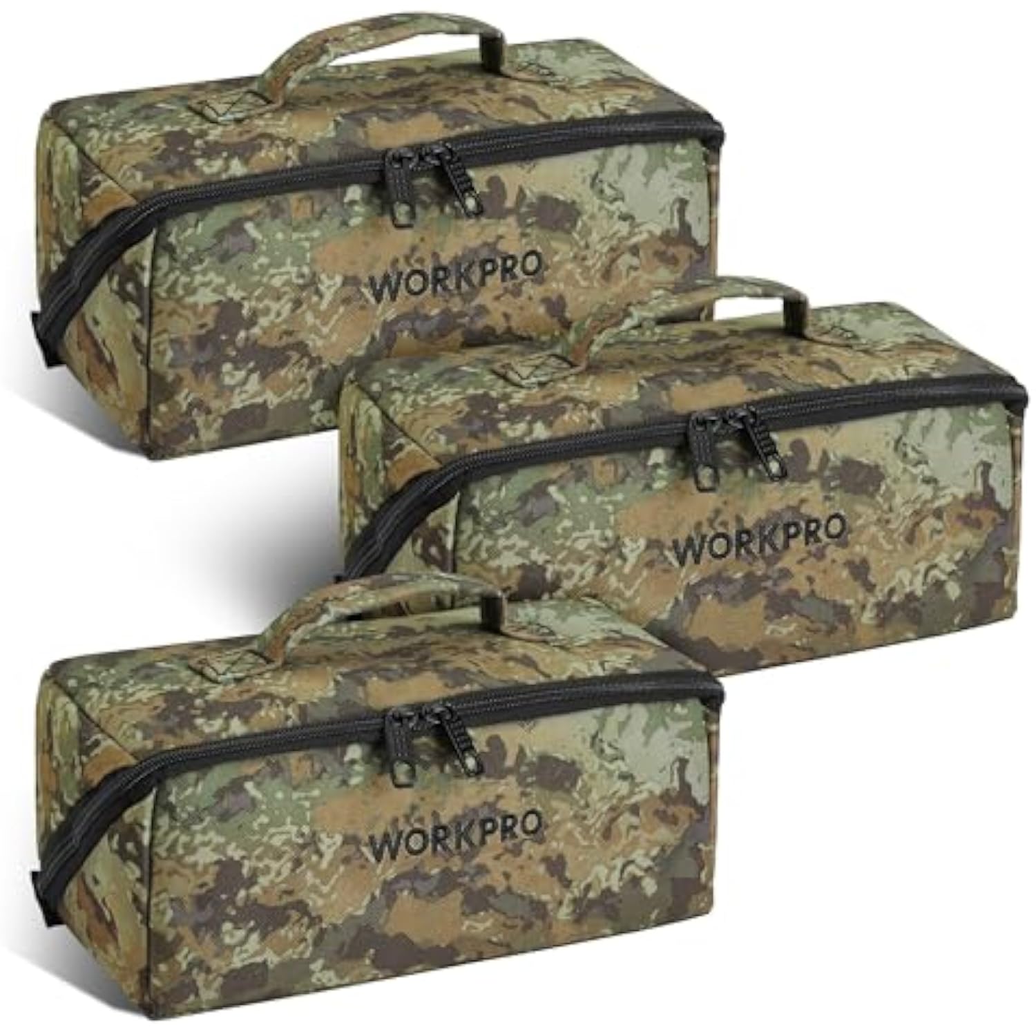 Three-piece set of camo tool storage bags with handles and front zip closures