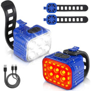 Rechargeable bicycle light set with blue front and rear lights plus USB-C cable