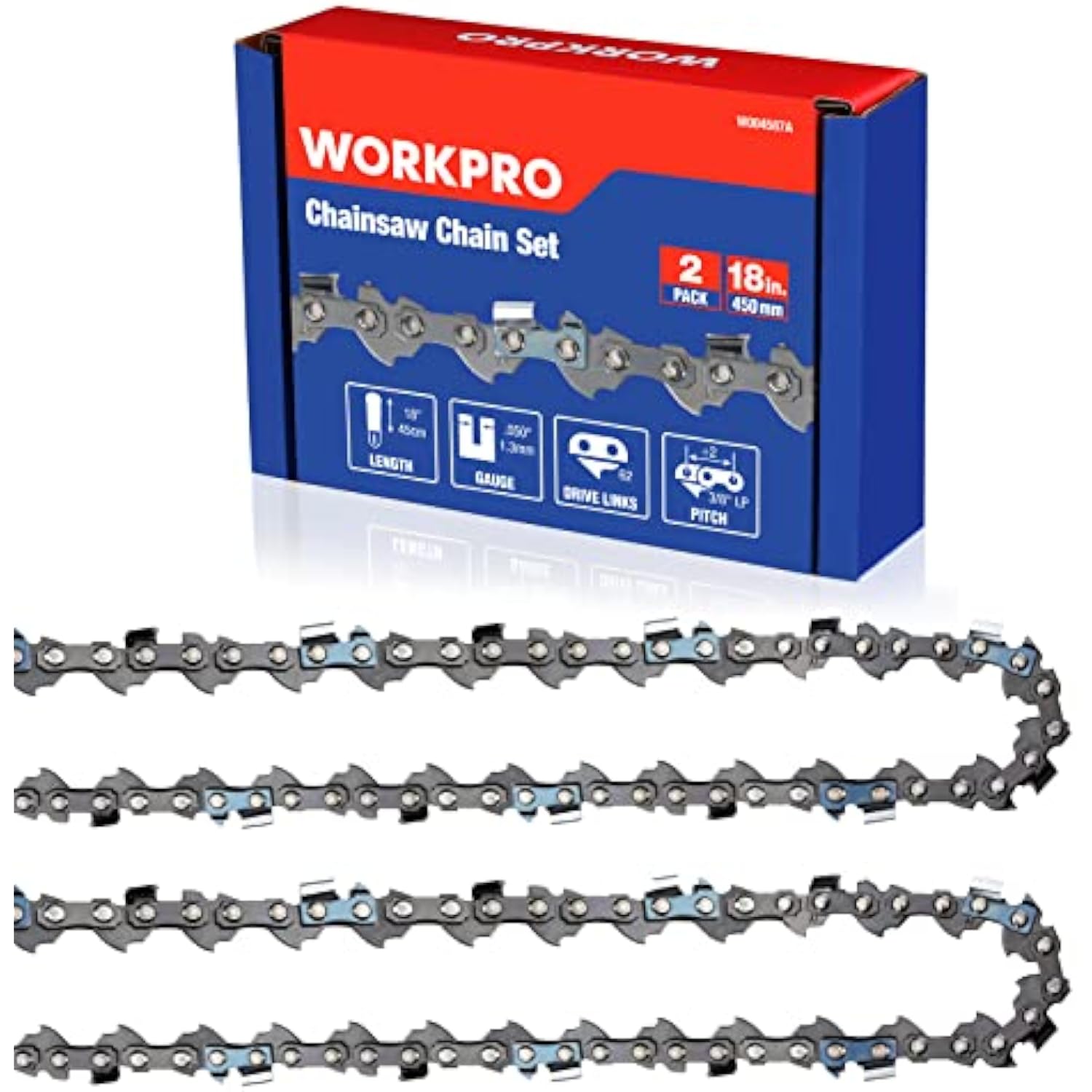 WORKPRO chainsaw chain set retail box showing three chain lengths