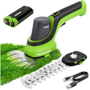 Green cordless trimmer on grass with side blade head and detachable battery pack