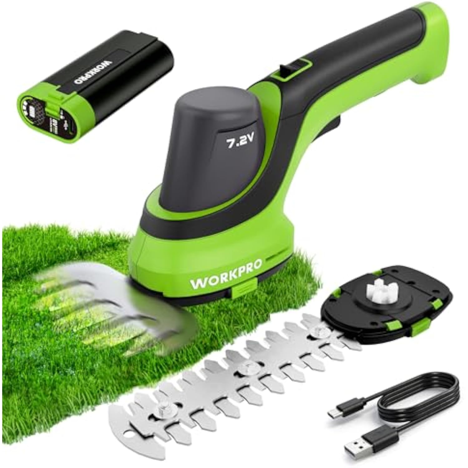 Green cordless trimmer on grass with side blade head and detachable battery pack