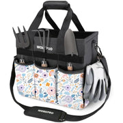 Gardening tool tote bag with front exterior pockets, utensil slots, and adjustable shoulder strap.