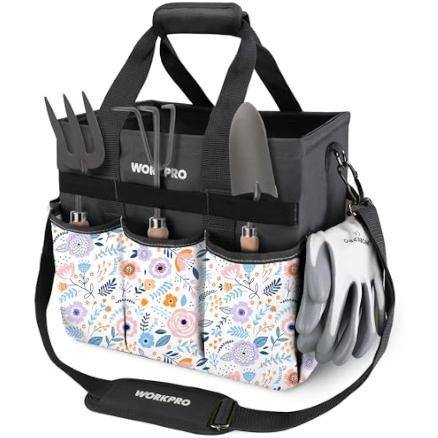 Gardening tool tote bag with front exterior pockets, utensil slots, and adjustable shoulder strap.