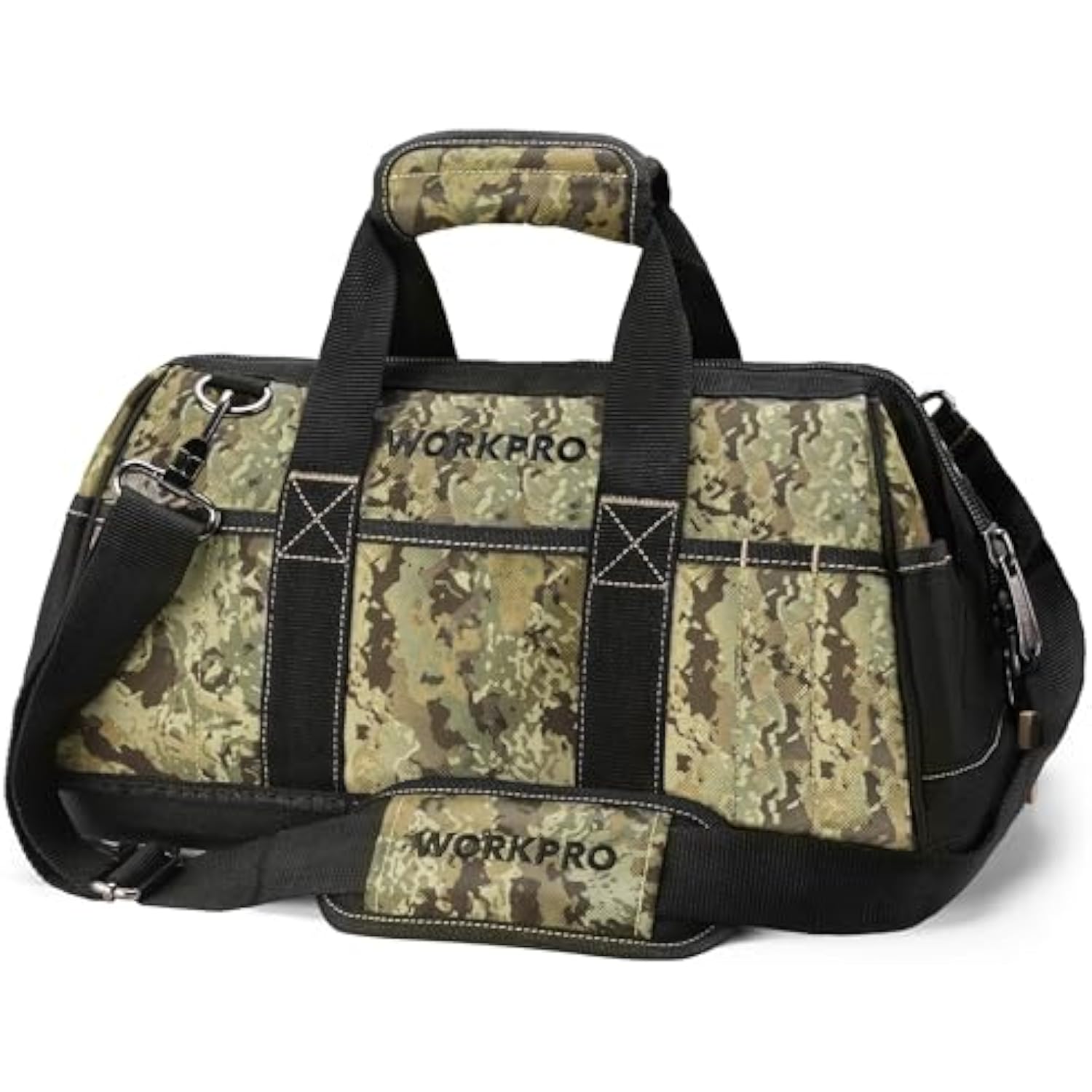 WORKPRO 16-Inch Wide Mouth Tool Bag with Water Proof Molded Base | Multi-Pocket, Heavy Duty Cloth, Adjustable Shoulder Strap, Double-pull Zipper, For Workshops, Outdoor Projects