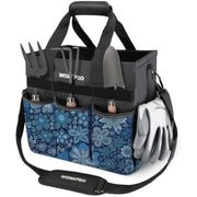 Floral blue garden tool tote bag with front organizer pockets, side loop handle, shoulder strap.
