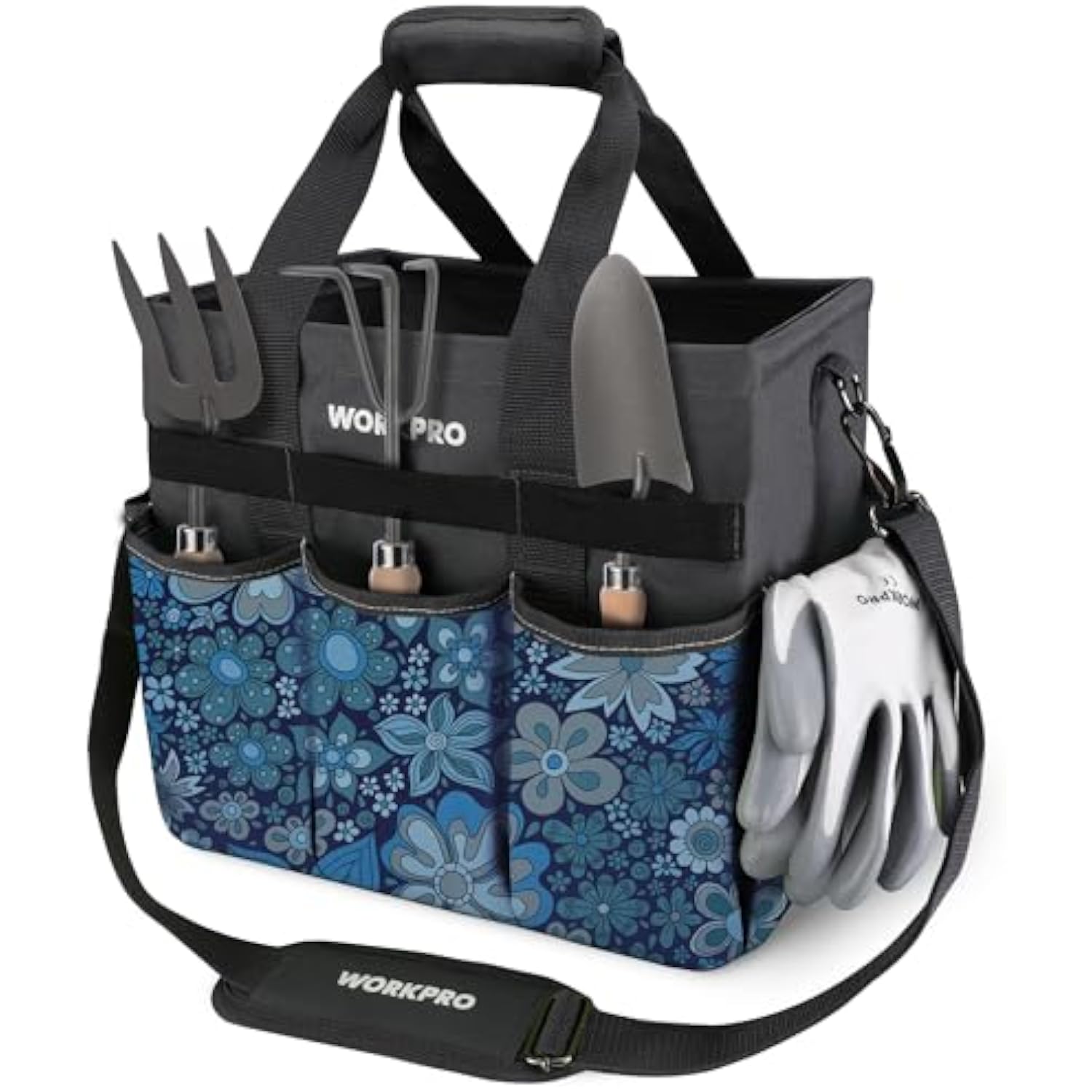 Floral blue garden tool tote bag with front organizer pockets, side loop handle, shoulder strap.