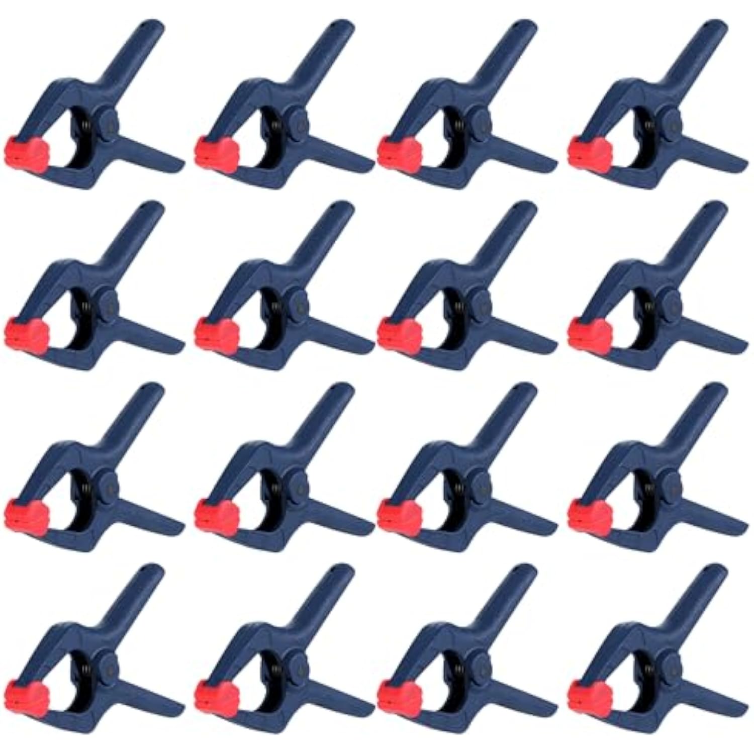 16-piece dark blue nylon spring clamps with red pads, neat set arrangement