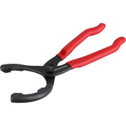 Oil filter pliers featuring red handles and a black adjustable jaw for gripping filters