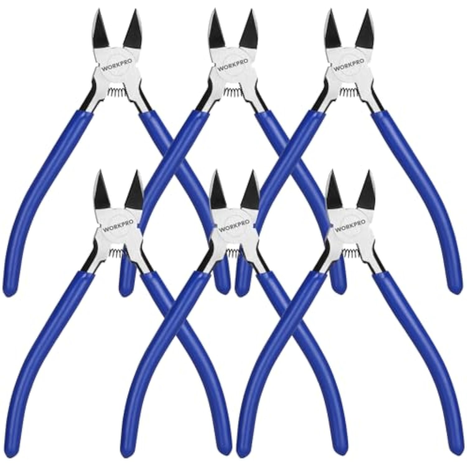 Pack of flush cutters with blue handles and black jaws, spring mechanism visible