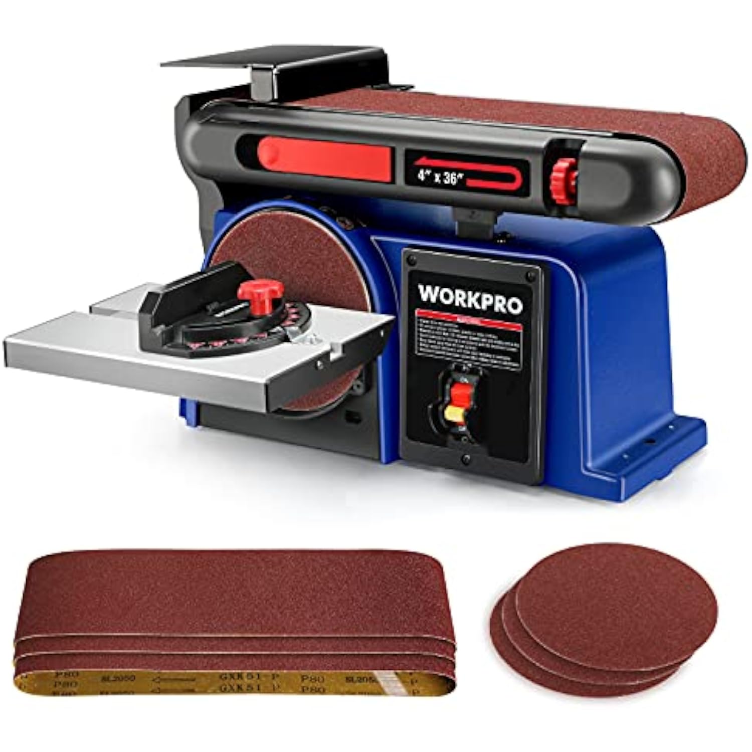 WORKPRO Belt Disc Sander, 4 in. x 36 in. Belt & 6 in. Disc Sander with 6 pcs Sandpapers, Cast Iron Base for Sanding Woodworking