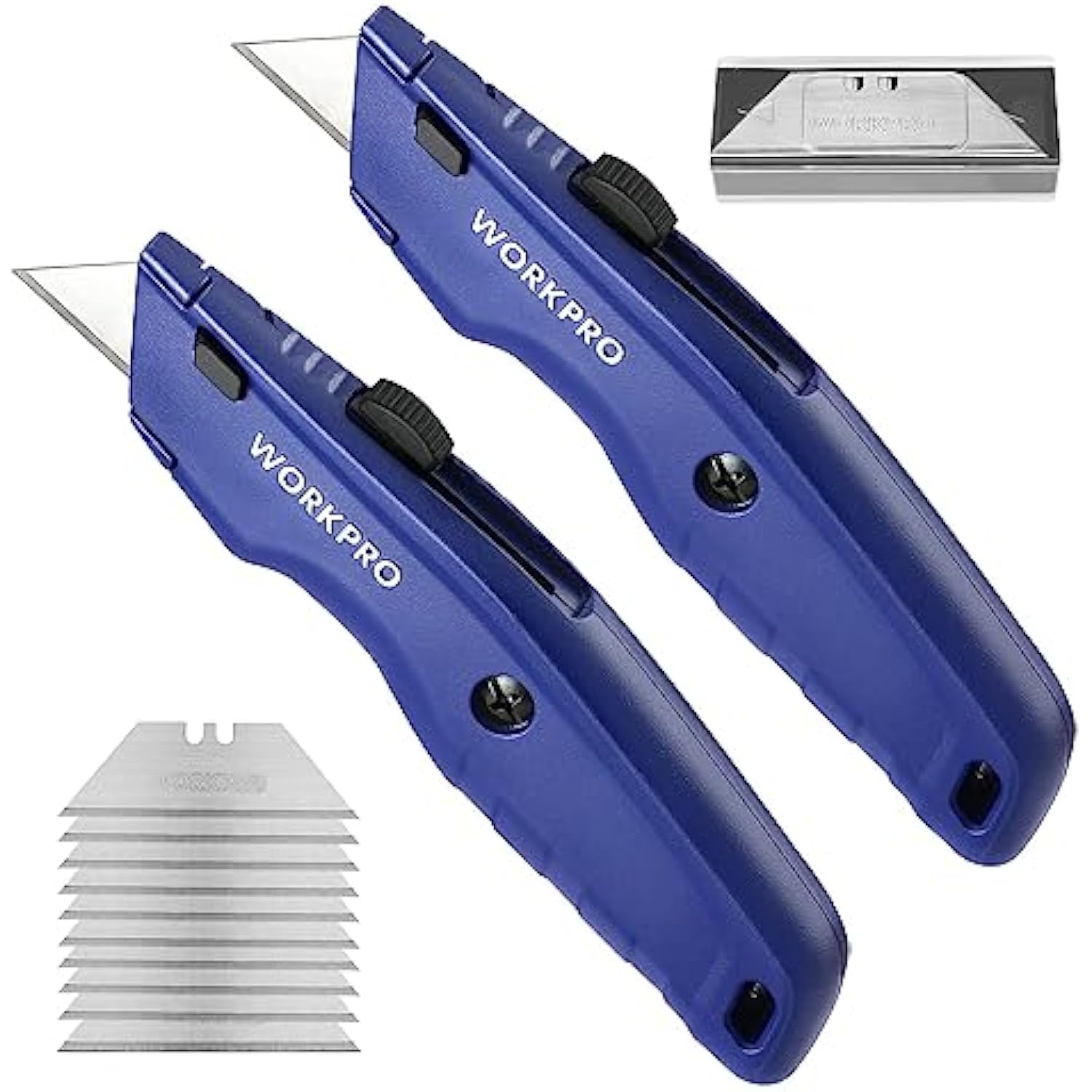 Two blue WORKPRO retractable utility knives with exposed metal blade heads