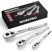 WORKPRO 3-piece ratchet handle set in black box, three chrome ratchets included