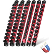 Set of red magnetic socket organizer rails with black clips stacked for storage