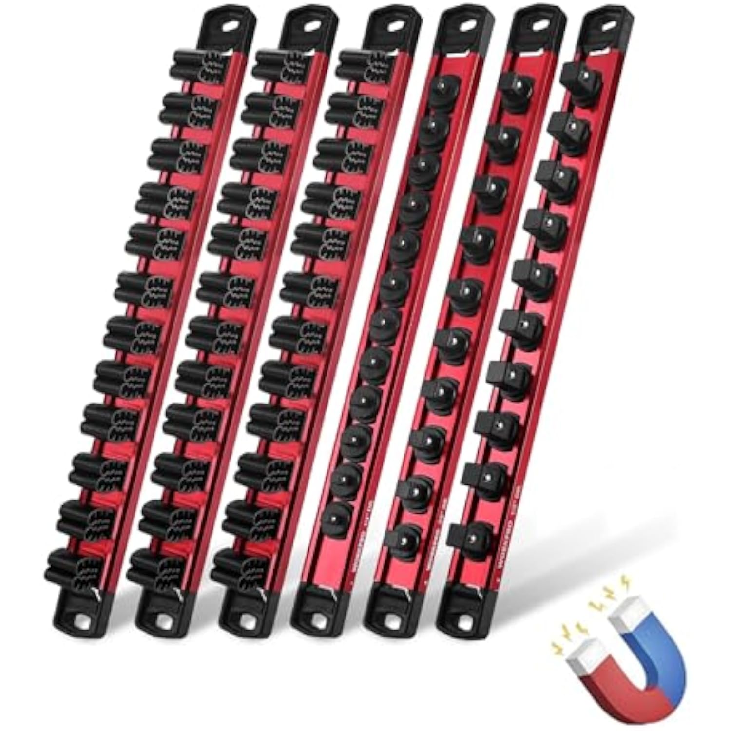 Set of red magnetic socket organizer rails with black clips stacked for storage