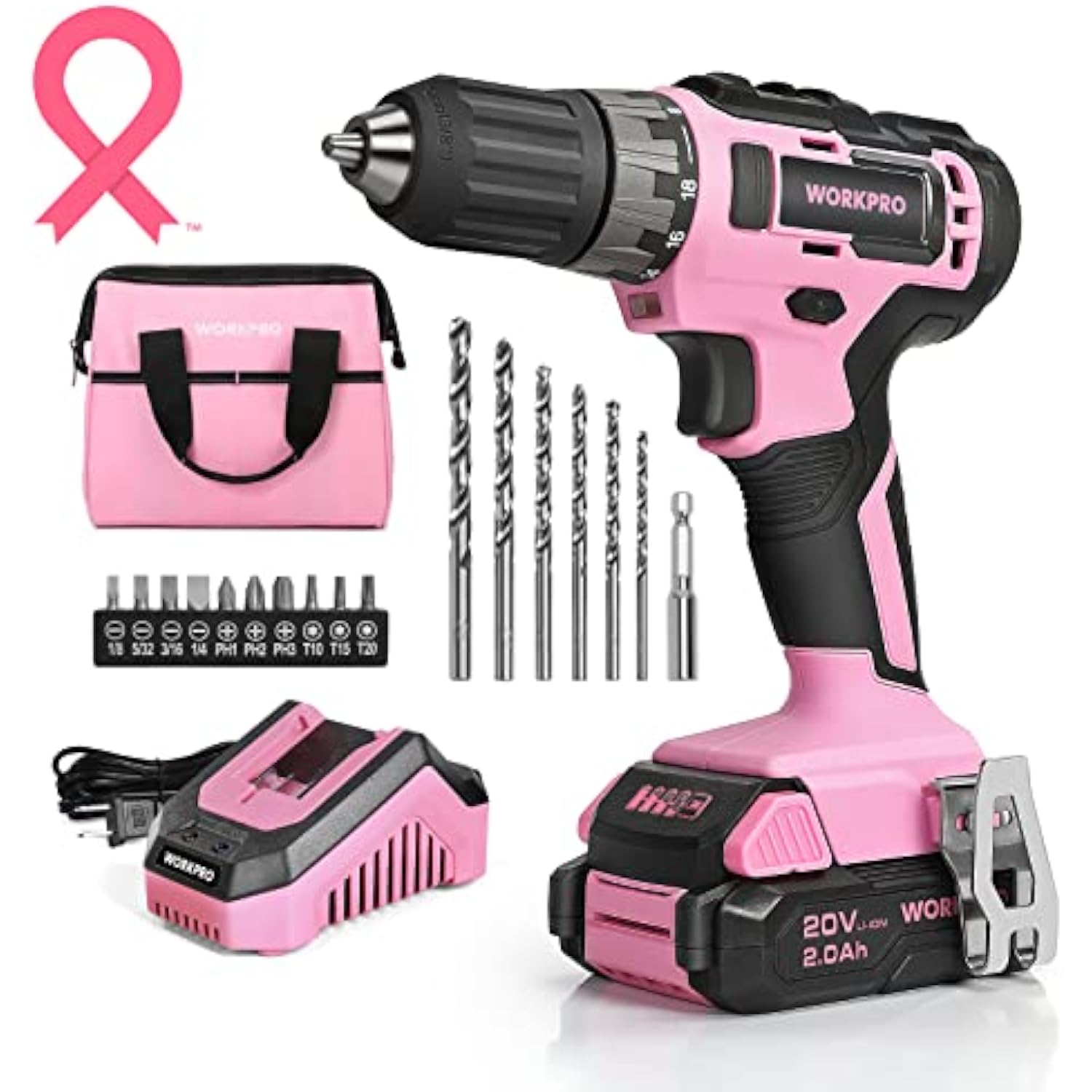 WORKPRO 20V Pink Cordless Drill Driver Set with Fast Charger and 11-inch Storage Bag Included - Pink Ribbon