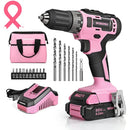 WORKPRO 20V Pink Cordless Drill Driver Set with Fast Charger and 11-inch Storage Bag Included - Pink Ribbon