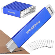 Blue retractable box cutter with extra razor blade strip and metal blade holder