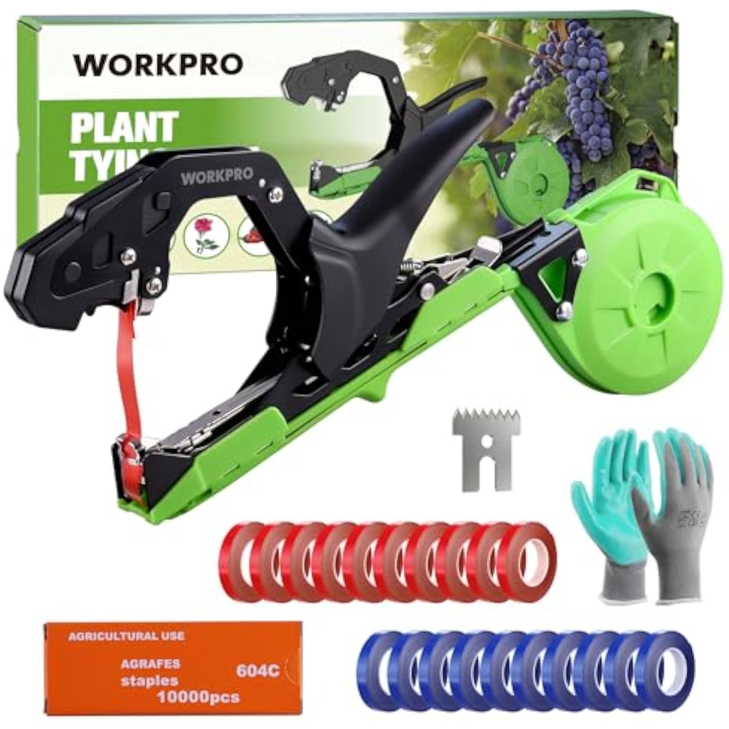 WORKPRO plant tying kit with tape gun, gloves, and rolls of red and blue tape