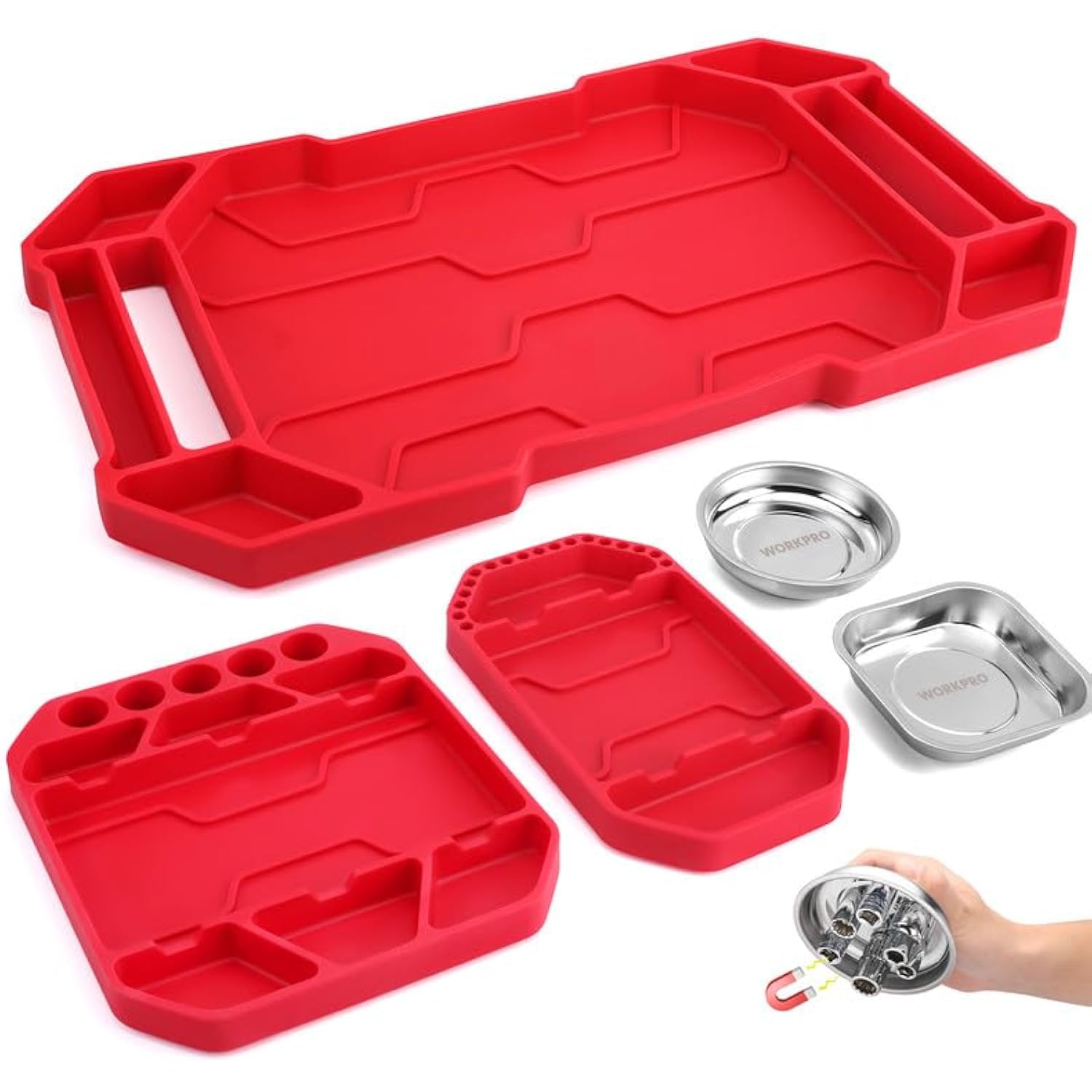 WORKPRO 5-Piece Non-Slip Tool Tray Set, 3-Piece Silicone Flexible Tools Organizers and 2-Piece Magnetic Parts Tool Tray, Tool Mat, Tool Holder, Tool Storage (Only Parts Tray Magnetic)