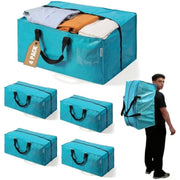 Set of four blue moving storage totes with carry handles, shown together