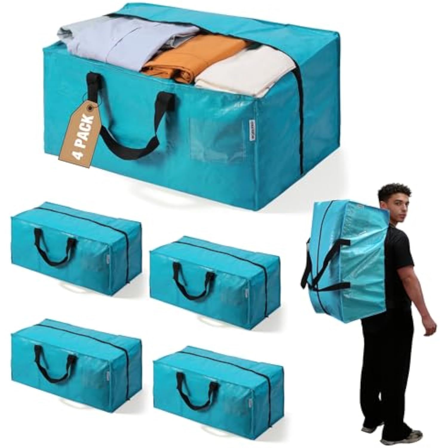 Set of four blue moving storage totes with carry handles, shown together