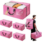 Set of pink moving storage tote bags with black handles and zip closures