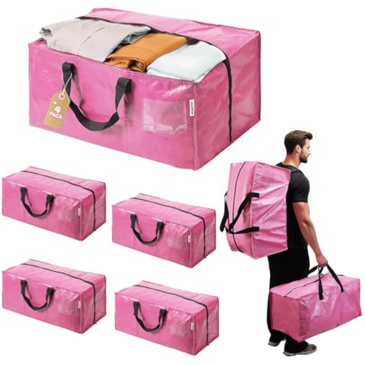 Set of pink moving storage tote bags with black handles and zip closures