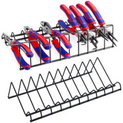 Black metal plier organizer rack with wire slots holding pliers, plus empty rack