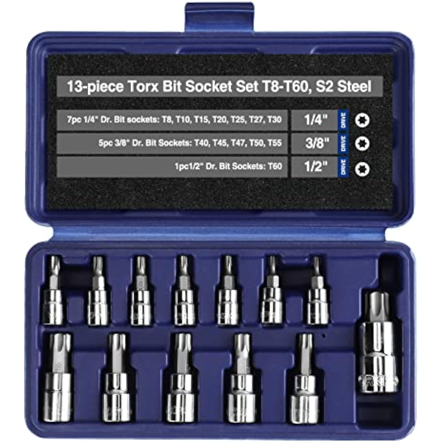 Open blue case holding 13 torx bit sockets, sizes T8–T60