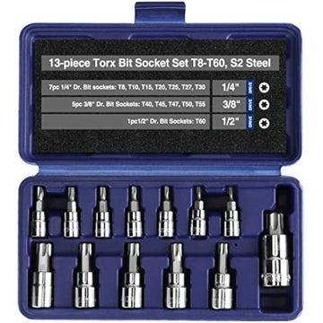 Open blue case holding 13 torx bit sockets, sizes T8–T60