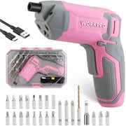 Pink cordless electric screwdriver with USB charging cable and clear bits case