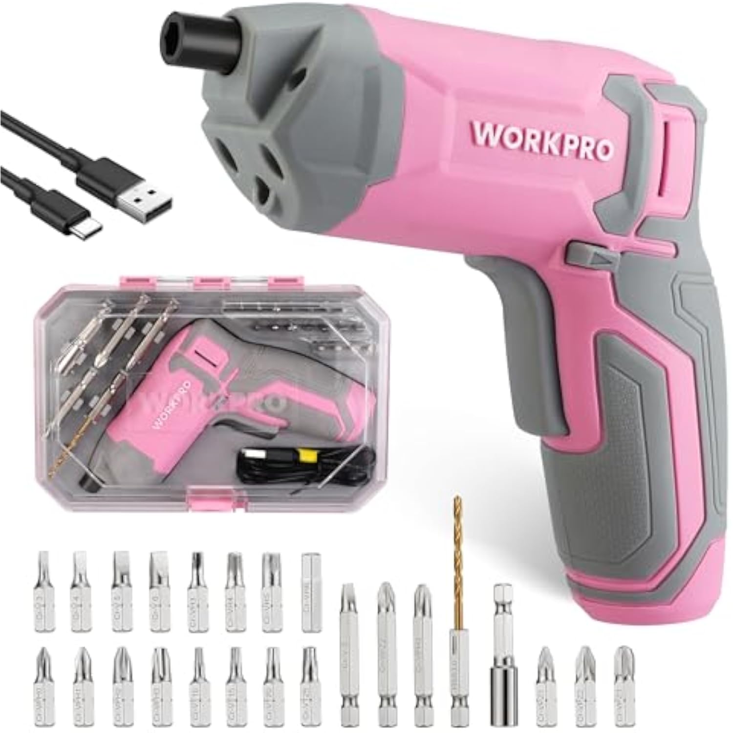 Pink cordless electric screwdriver with USB charging cable and clear bits case