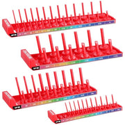 Red socket holder trays with tall posts and color-coded size markings for easy sorting