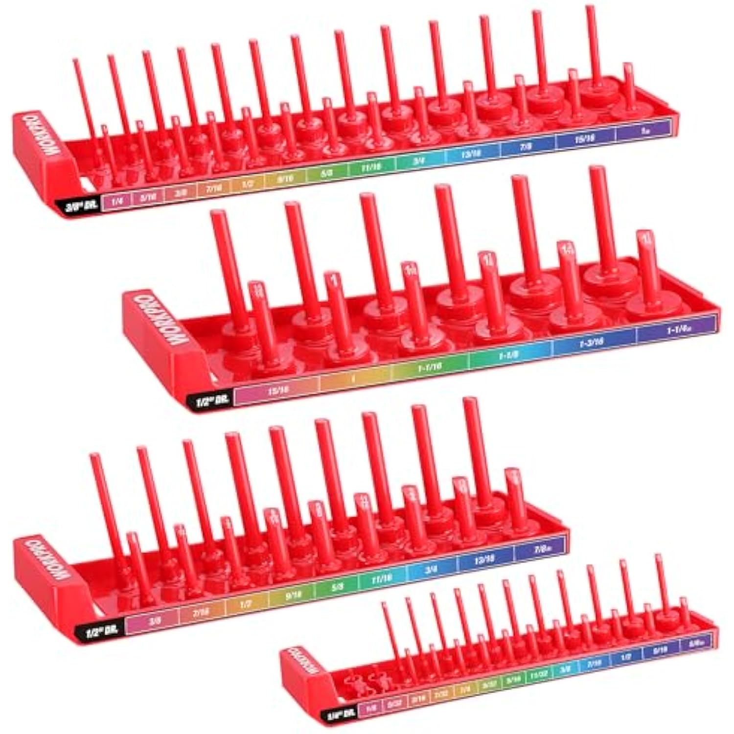 Red socket holder trays with tall posts and color-coded size markings for easy sorting