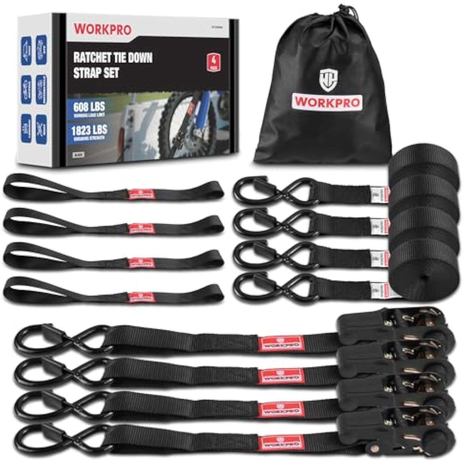 WORKPRO 4-pack black ratchet tie-down straps with hooks, soft loops, and storage bag
