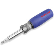 Close-up of blue-handled screwdriver with chrome shaft and pointed bit tip