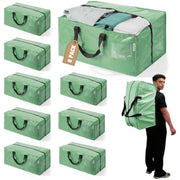 Set of green moving storage totes with black handles and zipper closures, 8-pack